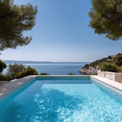 Fototapeta premium Tranquil seaside infinity pool overlooking calm ocean landscape