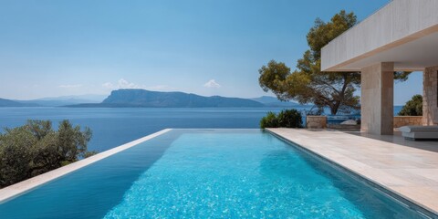 Fototapeta premium Serene infinity pool overlooking tranquil ocean and mountain landscape