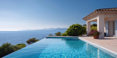 Fototapeta premium Infinity pool overlooking ocean with mountain view and mediterranean villa