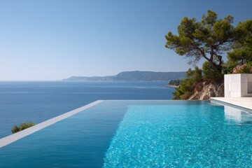 Fototapeta premium Infinity pool overlooking calm sea and mountainous horizon on sunny day