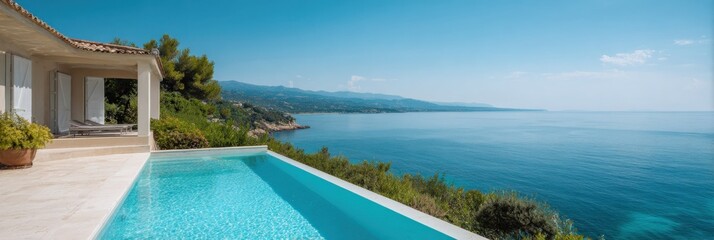 Fototapeta premium Stunning coastal villa with infinity pool overlooking turquoise ocean and mountains