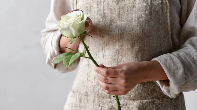 Hands in linen apron gently rotating single white rose stem against soft gray studio background