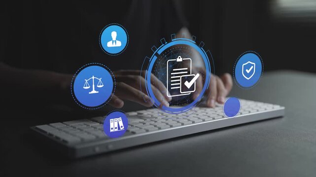 Compliance rule law and regulation concept. Person typing keyboard with legal and compliance icons, policy management, regulatory framework and corporate governance.