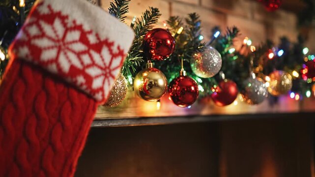 Shallow depth of field shot smoothly racking focus from a highly detailed foreground knitted stocking to the blurred row of background holiday decorations ornaments, from, lighting