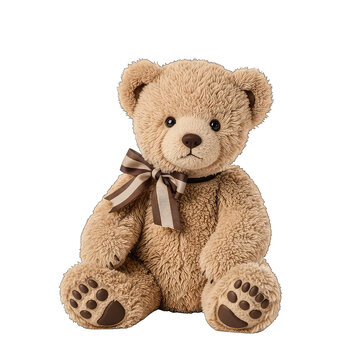 Adorable Brown Teddy Bear Sitting with Striped Bow, Subject Provided as a Cut-out
