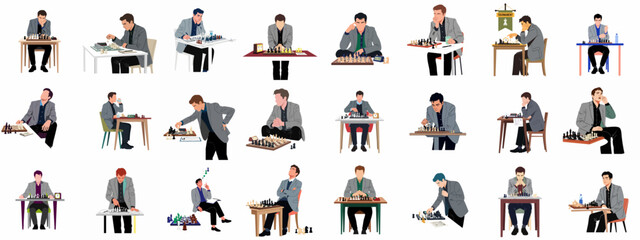 Collection of diverse illustrations featuring men playing chess, showcasing concentration, strategy, and tournament dynamics in various settings. © Sabiqul