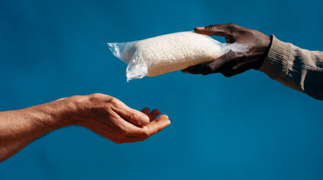 Two hands exchanging bag of rice against deep blue sky for food aid and zakat charity concept