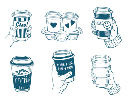 Hand drawn vintage mediterranean blue coffee to go set. Dolce vita style food illustration perfect for cafe or restaurant menus design.