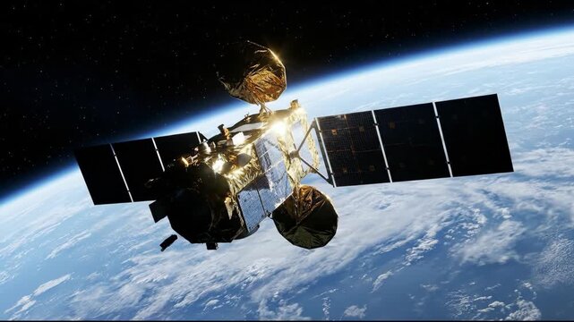 Satellite approaching Earth from space. Golden spacecraft with solar panels deploying. Animated orbital insertion sequence for space exploration and satellite technology concept.