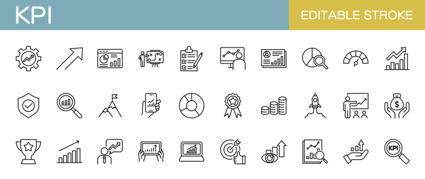 KPI・重要業績評価指標に関するラインアイコンセット（線幅変更可能）