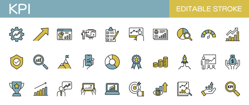 KPI・重要業績評価指標に関するラインアイコンセット（線幅変更可能・カラー）