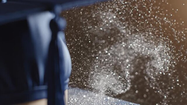 Shallow depth of field video clip showing a focus pull transitioning from a graduation cap's tassel to an ethereal dynamic silver and white bokeh particle light background silver, texture, Shallow