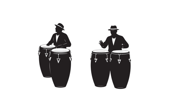 This graphic illustration features two separate black silhouettes of musicians against a stark white background. Each figure is depicted playing a set of two tall conga-style drums. The musicians wear