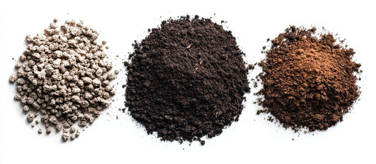 Three piles of different textured soil and ground materials