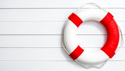 Red life buoy hanging on a wooden wall for safety and rescue at sea