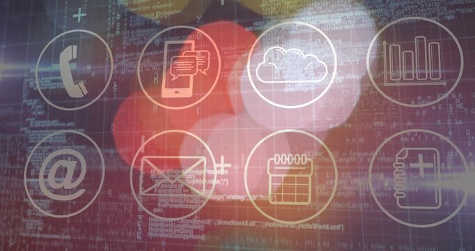 Flat interface showing eight circular outline technology icons arranged in two rows over code grid