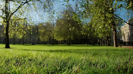 Obraz premium Lush green park with trees and clear blue sky in springtime 