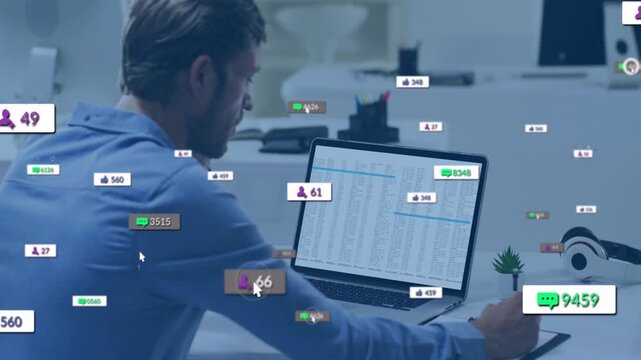 Man opening spreadsheet at desk jotting on tablet tracking social metrics floating icons climbing