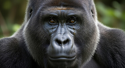 Fototapeta premium Close up portrait of a gorilla with a pensive expression against transparent background