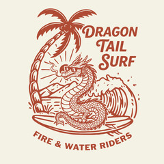 Obraz premium Dragon Tail Surf Fire and Water Riders Tshirt Design.