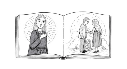 Black and white storybook illustration with character portraits and family scene