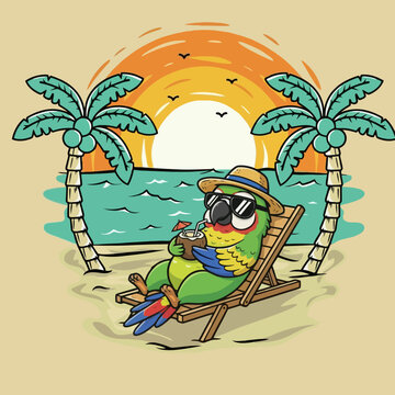 Relaxing Parrot Enjoying Tropical Beach Vacation.