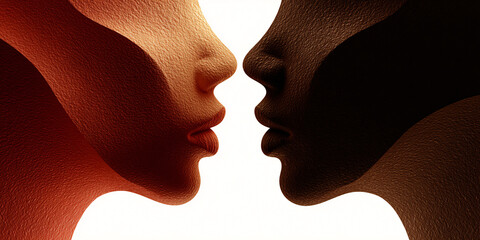 Abstract closeup profile of diverse faces, representing unity, connection, and contrast between different skin tones Conceptual art of human interaction and diversity