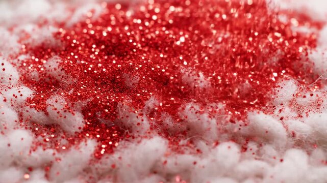 Sharp macro detail of vivid scarlet artificial snow rapidly settling onto the rugged texture of thick, richly woven, pure white wool fabric rapidly, pattern, fiber