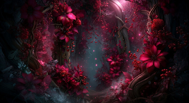 Floral frame with dark forest background and dreamy lights, perfect for invitations