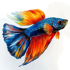 Fototapeta premium Betta Fish, serene watercolor vector artwork with smooth washes of color and refined textures, isolated on a white background.