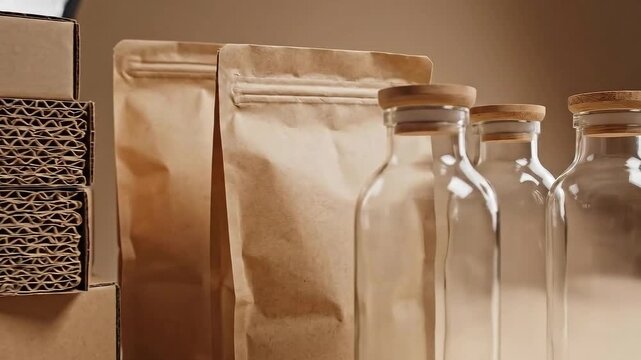 Eco-friendly packaging materials including paper bags and glass bottles on a neutral background viewed from the front