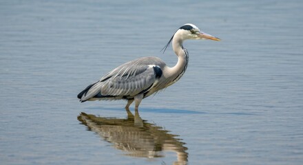 Grey heron wading in shallow water, reflection visible