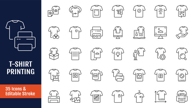 T-shirt printing icon set. Icons related to digital printing, printer, paint, t-shirt elements, printing on apparel and more. Outline icon with Editable stroke. Vector illustration