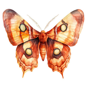 Atlas Moth, playful watercolor vector painting with subtle shadowing and soft gradients, isolated on a white background.