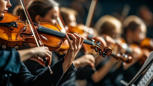 Vibrant Orchestral Symphony Performance with Musicians in Harmony and Captivating Visuals Displayed