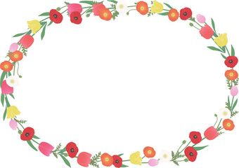 Fototapeta premium 春の花の丸いフレームのベクターイラスト チューリップとポピーのかわいい円形装飾枠素材