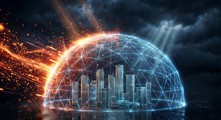 Futuristic city skyline under protective dome with digital network  