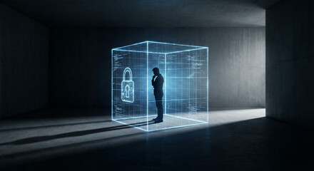 Man standing in holographic security cube with digital lock symbol  