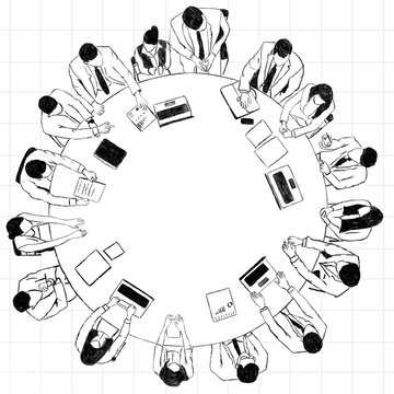 Top view of business meeting with diverse professional gathered around round table discussing documents in office collaborating teamwork