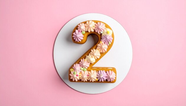 Decorated cake with number 2 on bright solid background. Festive photo for birthday or anniversary party