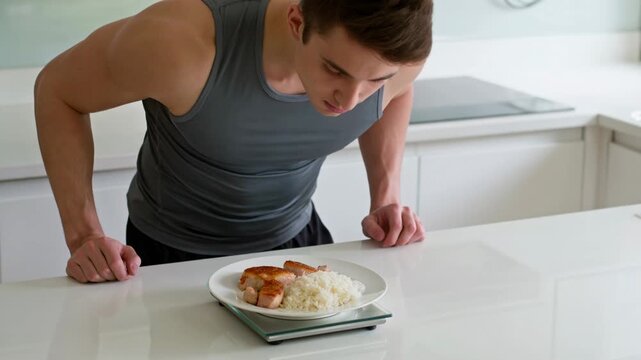 Man places a plate with cooked chicken and rice on a kitchen scale to measure portion size for diet and healthy eating.