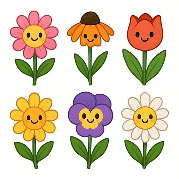 set of cute cartoon spring flowers characters, smiling faces, bright colors