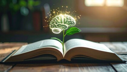 Fototapeta premium The radiant growth of knowledge and intellect A luminous brain emerges from a plant rooted in an open book, symbolizing the power of learning and new ideas