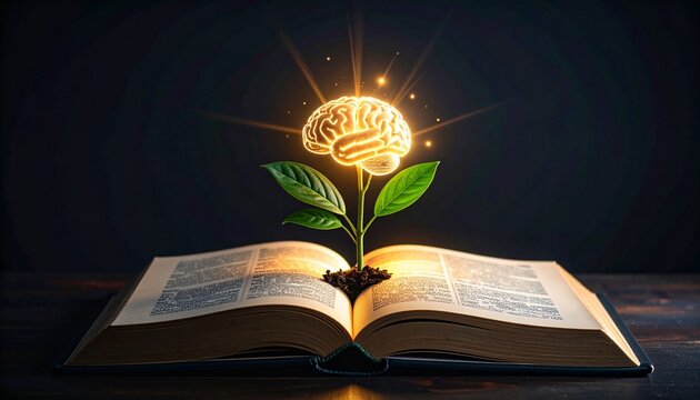 Conceptual image of a glowing brain growing from an open book, symbolizing the profound power of knowledge, continuous learning, and intellectual development
