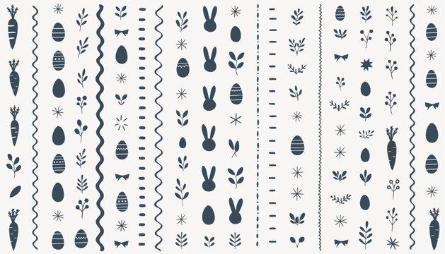 Minimalist blue gray easter icons and borders set with eggs bunnies carrots and leaves on white background for decoration