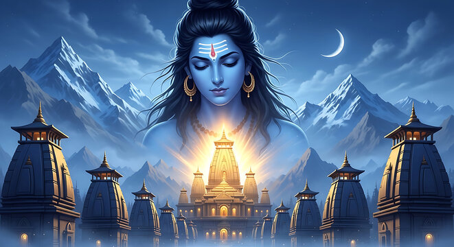 Blue deity with third eye above golden temple and snow mountains