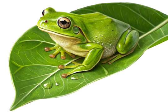 Close-up of a bright green tree frog resting on a glossy green leaf with visible veins and water droplets, isolated on Transparent Background, detailed, realistic illustration.
