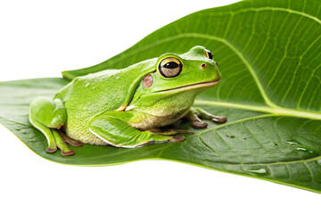 Obraz premium Close-up of a bright green tree frog resting on a large wet leaf, isolated on Transparent background, macro wildlife nature concept.