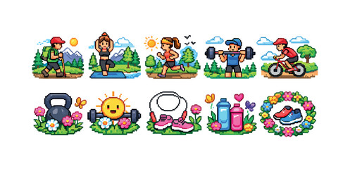 Fitness and nature flat icon set. Outdoor activities and exercise icons collection