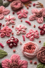 Close-up of pink floral hand embroidery stitched with cotton threads on natural linen fabric. Decorative needlework texture with shallow depth of field and soft pastel tones, handmade craft background